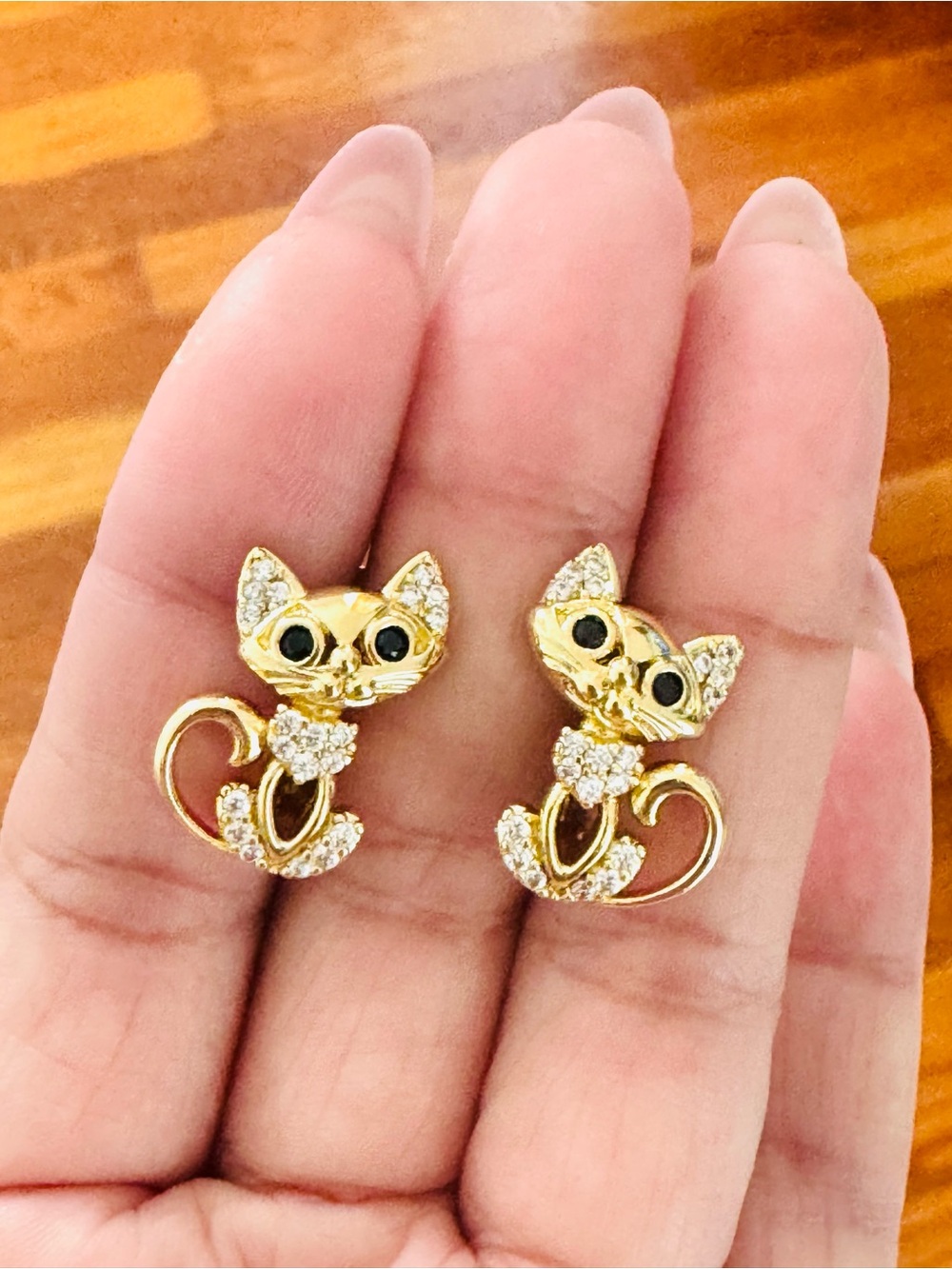 18K Gold Plated Cat Stud Earrings with Crystal Accents. New